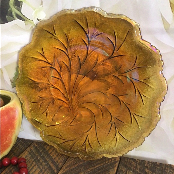 Vintage Indiana Glass Dining Vintage Amber Gold Carnival Glass Serving Plate Leaf Plate
